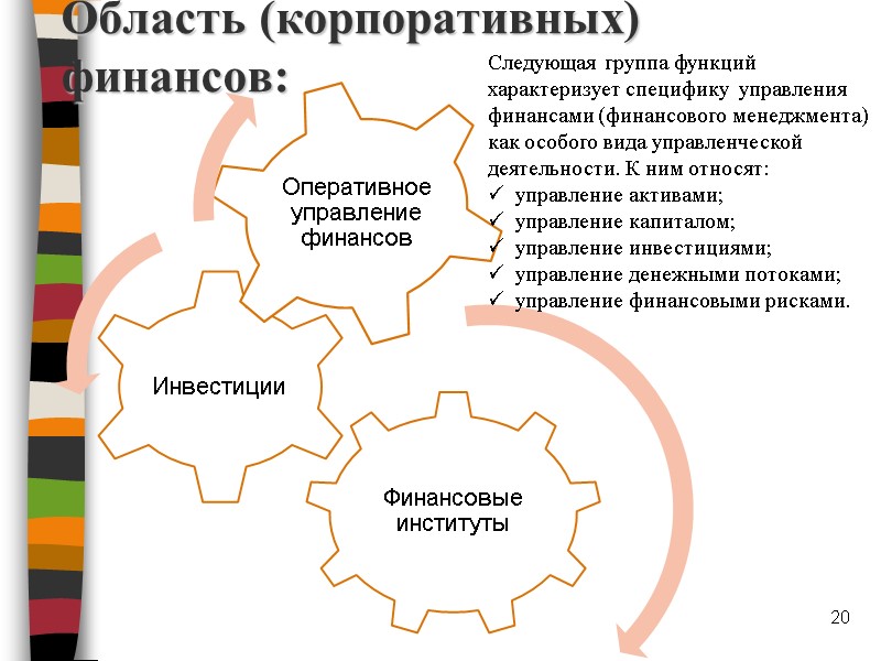 Область (корпоративных) финансов: 20 Следующая группа функций характеризует специфику  управления финансами (финансового менеджмента)
